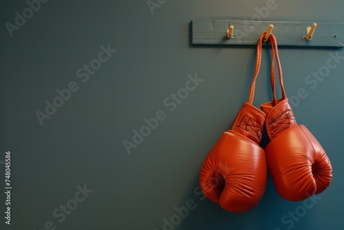 Pair of red boxing gloves hanging on wall  © Jennie Pavl