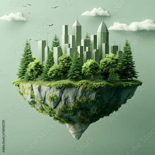 Green Floating Island City with Trees and Waterfall