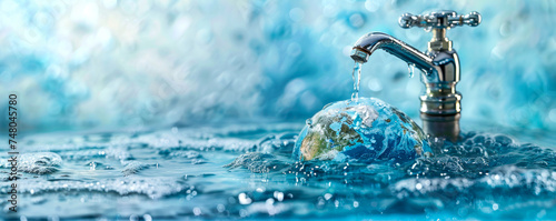 Illustrative design of World Water Day with a tap dripping onto a globe against a water background, highlighting the importance of water conservation and sustainable use photo