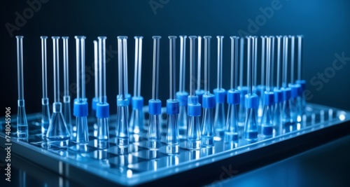  A collection of test tubes with blue caps  ready for scientific experiments