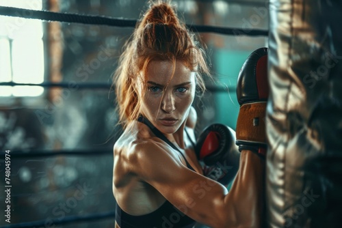 Women self defense girl power. Strong woman fighter training punches on boxing ring. Healthy strong girl punching boxing bag. Training day in boxing gym. Strength fit body workout training  photo