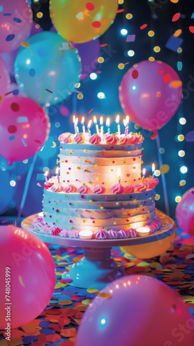 Festive Birthday Cake with Candles and Balloons 