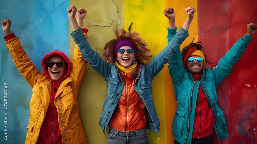 Group of Young Women in Colorful Rain Jackets for April Fools Day