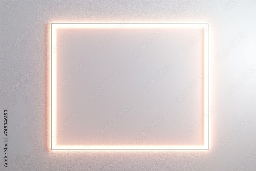 A glowing orange rectangle frame on a wall in a minimalist white room