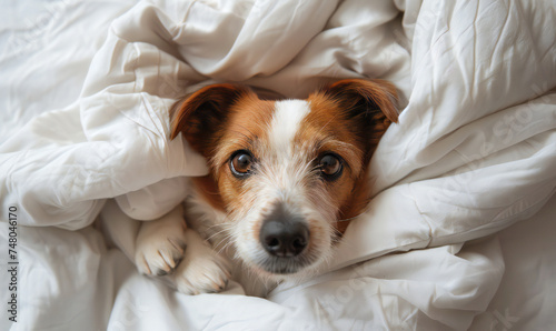 Cute dog lying and resting in bedroom on bed with white linens and pillows with cozy vibes. Caring for a pet in the home commercial concept banner.