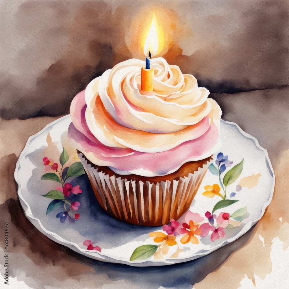 Watercolor Celebration Cupcake with Candle Watercolor Celebration Cupcake with Candle