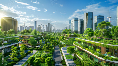 Sustainable Future Cityscape with Green Buildings and Renewable Energy