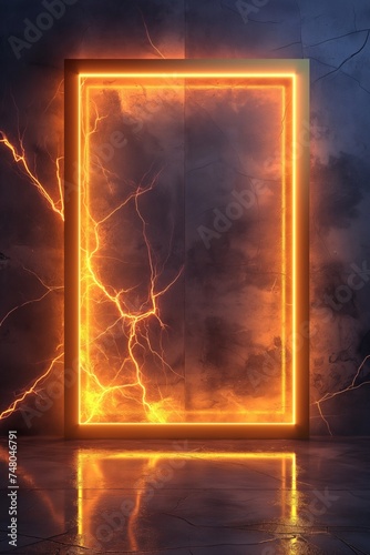 A glowing orange neon rectangle on a white wall in a dimly lit room reflecting on the concrete floor