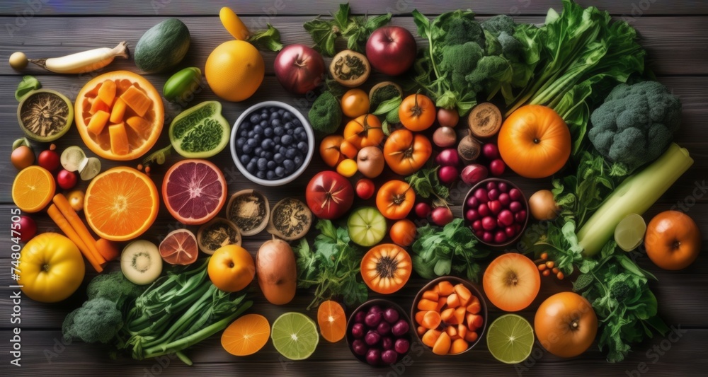  Vibrant array of fresh fruits and vegetables on a rustic wooden surface
