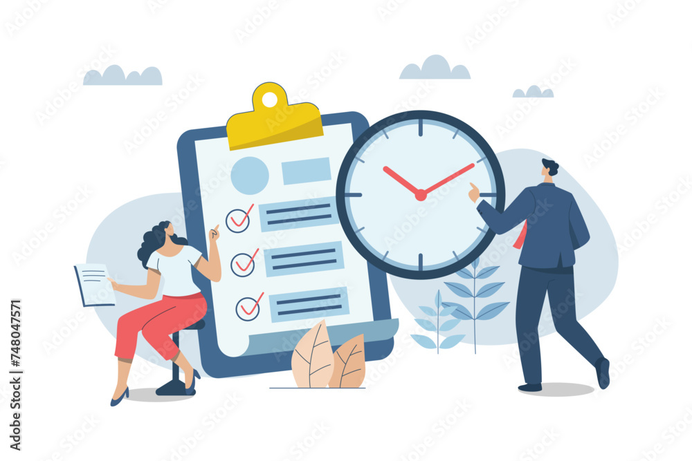 Business time management planning concept, Corporate schedule management, businessman and woman checking tasks on clipboard checklist near big watch. Vector design illustration. Business time management planning concept, Corporate schedule management, businessman and woman checking tasks on clipboard checklist near big watch. Vector design illustration.
