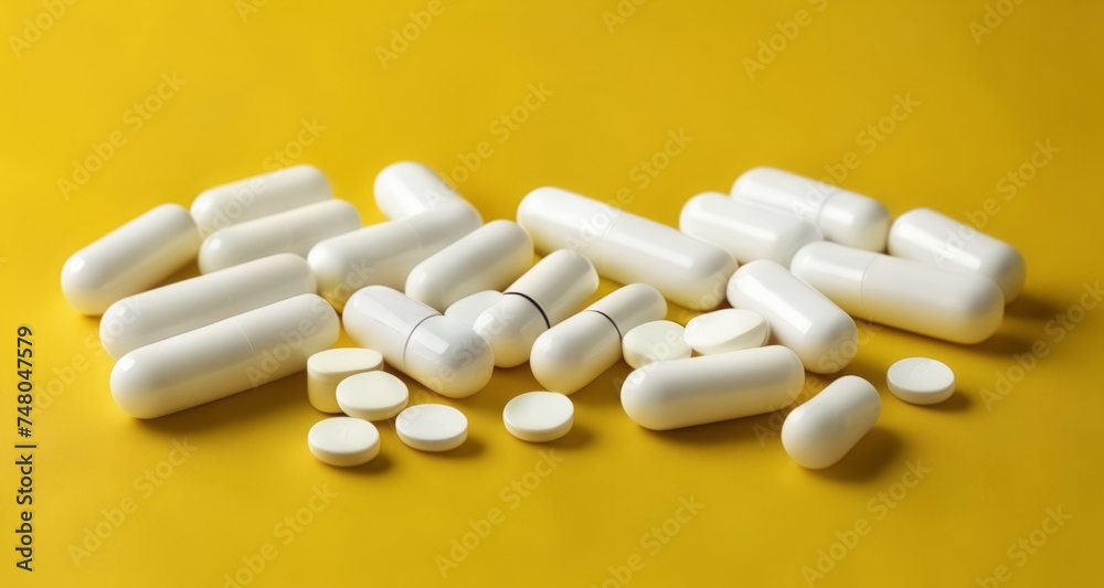 A collection of white capsules on a yellow background A collection of white capsules on a yellow background
