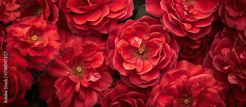 A cluster of vibrant red garden roses  with broad petals  arranged neatly on a wooden table in a well-lit room.