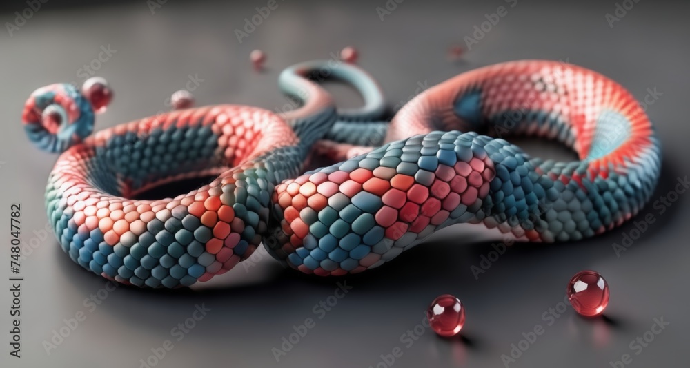 Vividly colored snake, coiled in an intricate pattern, with shiny red beads Vividly colored snake, coiled in an intricate pattern, with shiny red beads