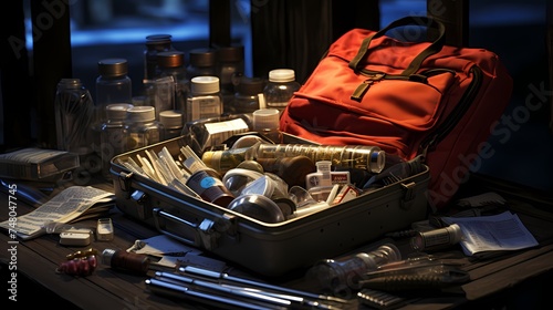 A top-down view of a medical bag with essential supplies  such as a stethoscope  bandages  and medications  symbolizing medical care and emergency response  captured with high-definition realism