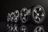 Studio shot of a set of summer economy car tires. Car tire store, discounts on tires, car tire store banner