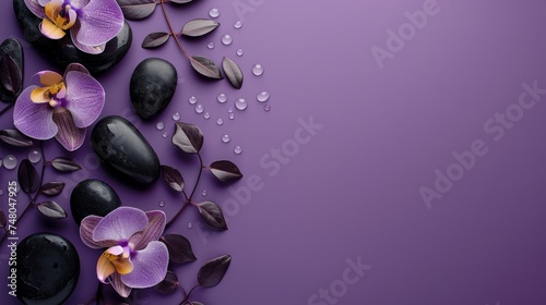 Top view Flat-lay composition with black spa stones massage treatment and flowers isolated purple background space for text, Elegant and luxury spa. mock up, template. Health and beauty care concept