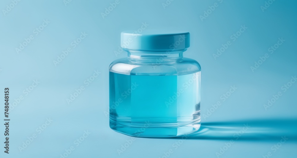  Clear glass bottle with blue liquid and blue cap