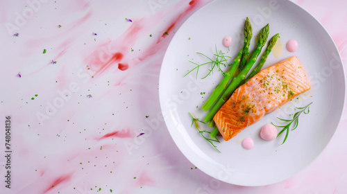 Salmon dish on a plate. Stone background in pink and red colors. photo