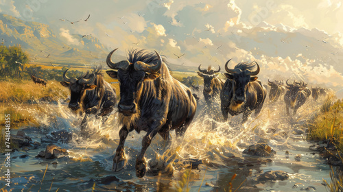 A herd of wildebeest runs through the steppes of Africa
