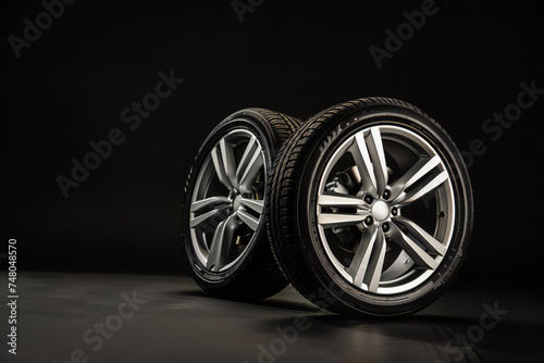 Studio shot of a set of summer economy car tires. Car tire store, discounts on tires, car tire store banner