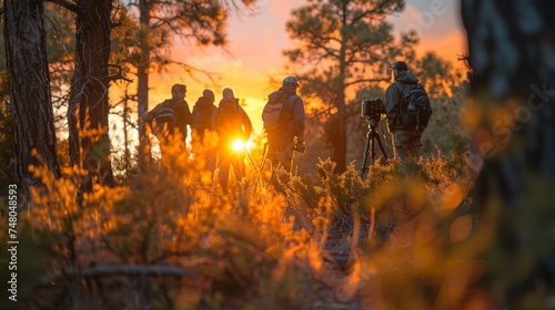 A film crew in the forest at sunset