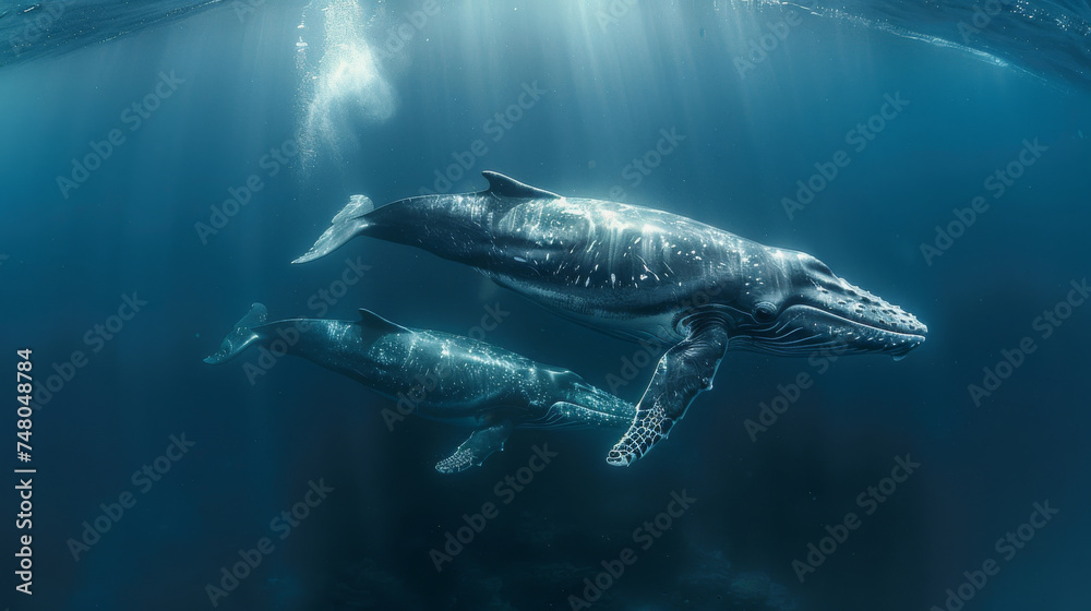 Fototapeta premium two large whales swims underwater