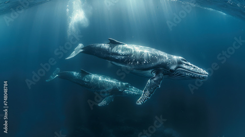 two large whales swims underwater