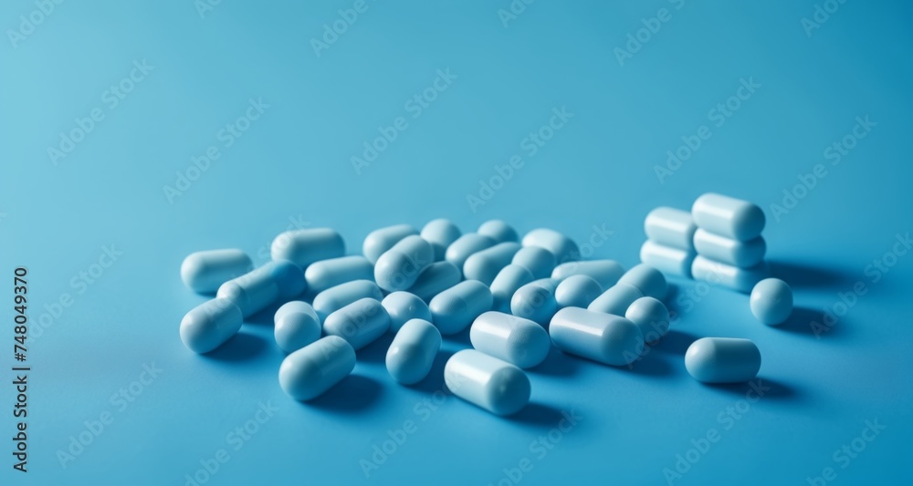  A collection of white pills on a blue background
