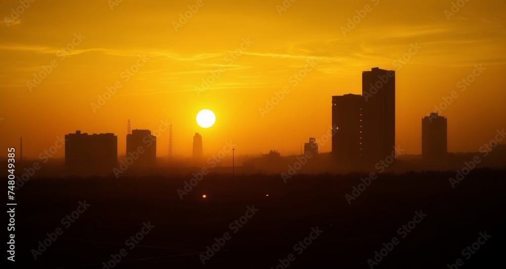 Sunset over a city skyline, silhouetted against a hazy sky Sunset over a city skyline, silhouetted against a hazy sky