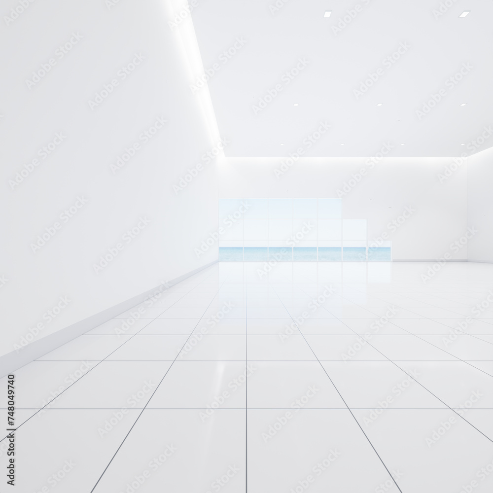 Obraz premium 3d rendering of close up white tile floor in perspective view, empty space in room, window and light. Modern interior home design look clean, bright, shiny surface with texture pattern for background.