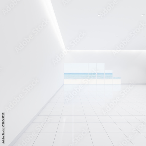 3d rendering of white empty room with ceramic tile floor in perspective, sea beach view outside window. Modern luxury interior home design of living room look clean, bright surface for background.