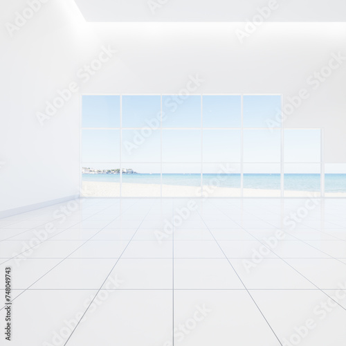 3d rendering of white empty room with ceramic tile floor in perspective, sea beach view outside window. Modern luxury interior home design of living room look clean, bright surface for background.