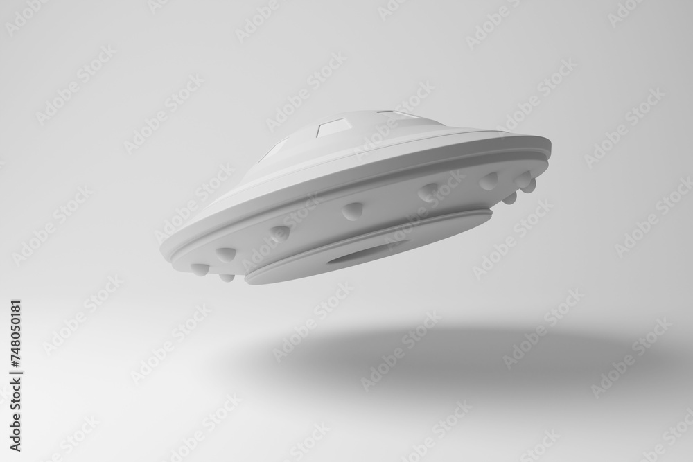 White UFO floating in mid air on white background in monochrome and minimalism. Illustration of the concept of extraterrestrial organisms White UFO floating in mid air on white background in monochrome and minimalism. Illustration of the concept of extraterrestrial organisms