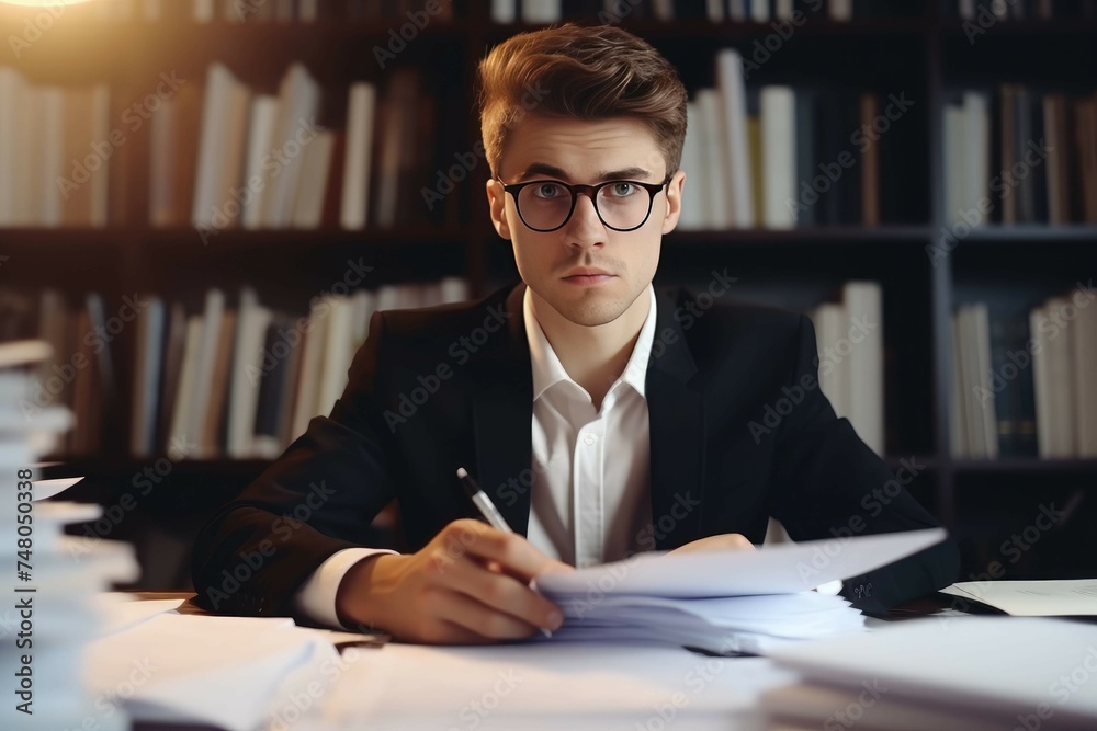 A worried young man businessman, accountant reviews documents, business agreements A worried young man businessman, accountant reviews documents, business agreements