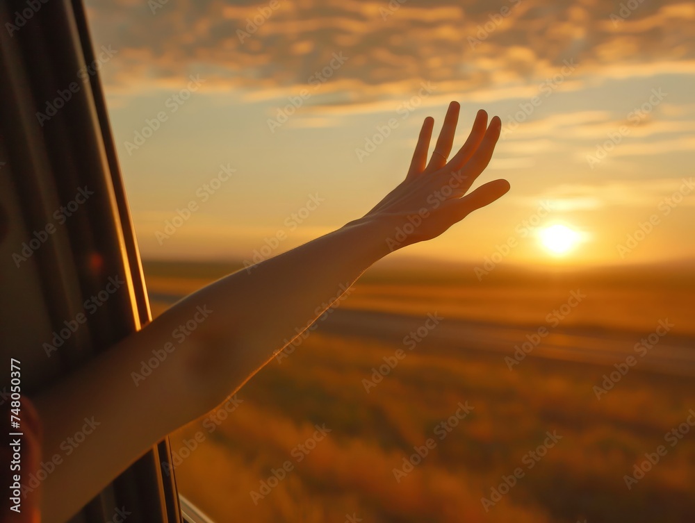 The girl pulled her hand out of the car against the background of the sunset