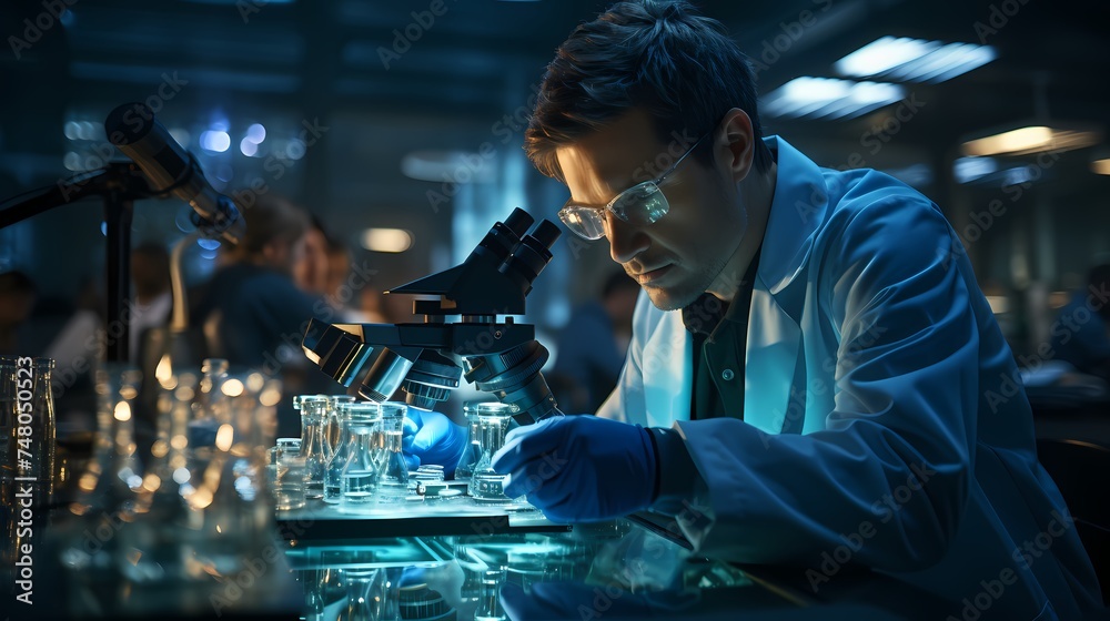 A visually striking image of a medical doctor in a research laboratory, analyzing samples under a microscope, demonstrating scientific investigation and innovation, captured in high-definition realism