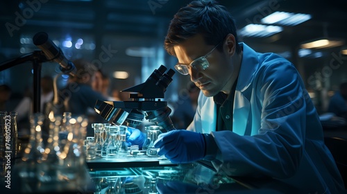 A visually striking image of a medical doctor in a research laboratory, analyzing samples under a microscope, demonstrating scientific investigation and innovation, captured in high-definition realism photo