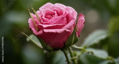  Freshly bloomed pink rose in focus with blurred background