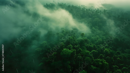 Mystical Morning And Sunlight Piercing Through the Mist of a Lush Rainforest © YUTTADANAI