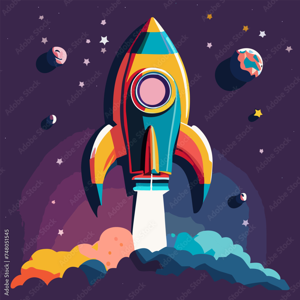Colorful space ship, Rocket in space Colorful space ship, Rocket in space