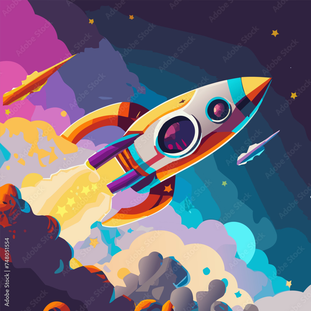 Naklejka premium Colorful space ship, Rocket in space