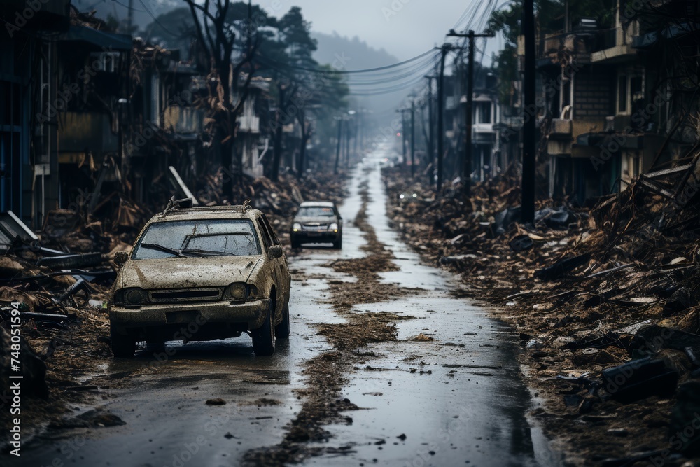 Obraz premium Capture the destructive force of a tornado unleashing chaos on a city, with cars being flung into the air and buildings crumbling in its path.
