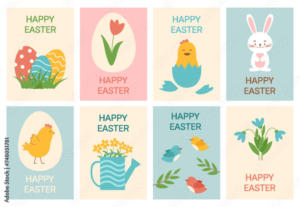 Happy easter cards set. Minimal card designs with cute elements, vector illustration template.