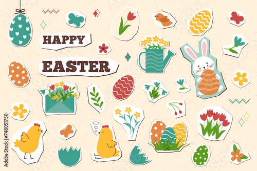 Set of Easter objects in new nostalgia style. Easter element in retro style. Constructor of Easter card. Elements of applique. Vector illustration template.