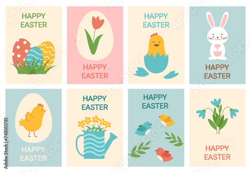 Happy easter cards set. Minimal card designs with cute elements, vector illustration template.