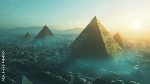 Ancient pyramids meet cyberpunk city, glowing runes
