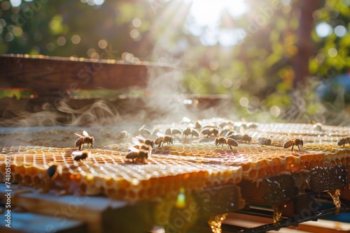 Bees crafting honeycomb waffles  bright sunny morning