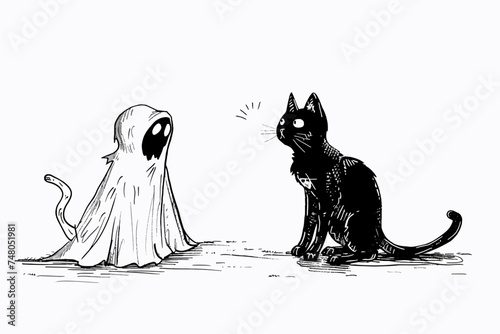 cat dressed as a ghost scaring another cat