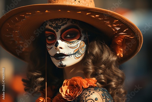 festival in Latin American countries. People organize carnivals, decorate altars with marigolds, wear themed costumes and put on appropriate makeup photo