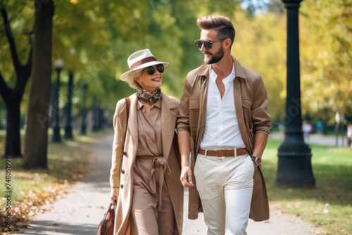 A stylishly dressed elderly woman walks with her young boyfriend.